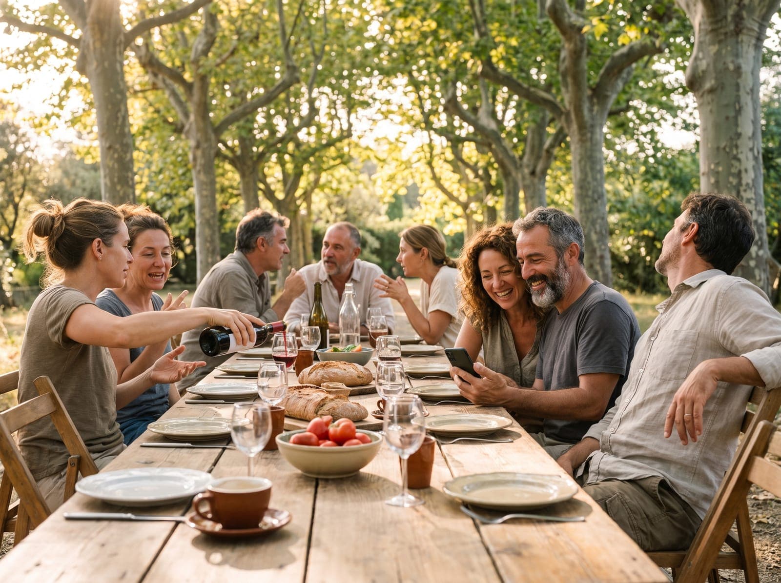 Un grupo de amigos de entre cuarenta y sesenta años comparte una comida larga en una mesa al aire libre, bajo los árboles